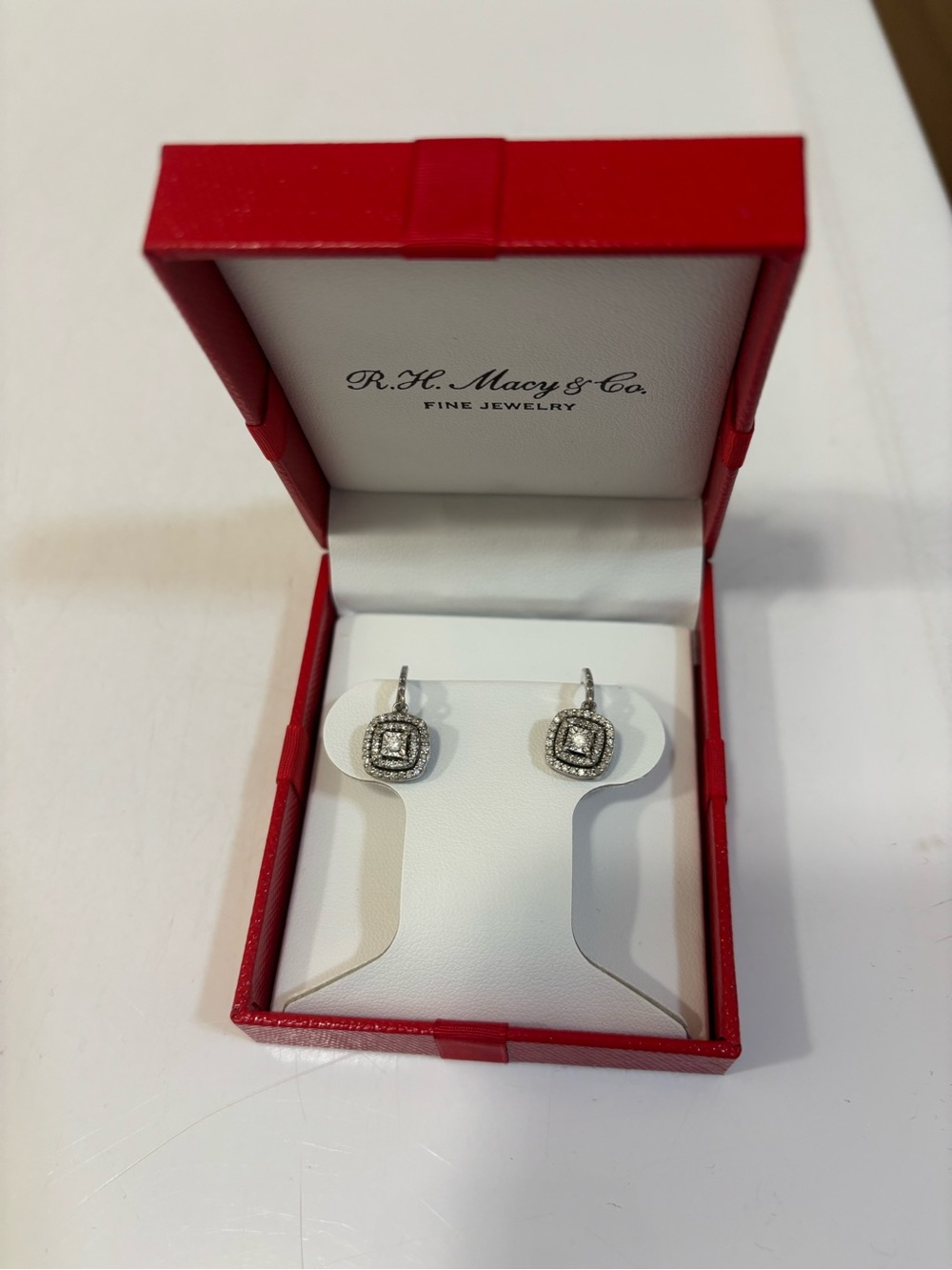 Macy's Silver Double Halo Drop Diamond Earrings